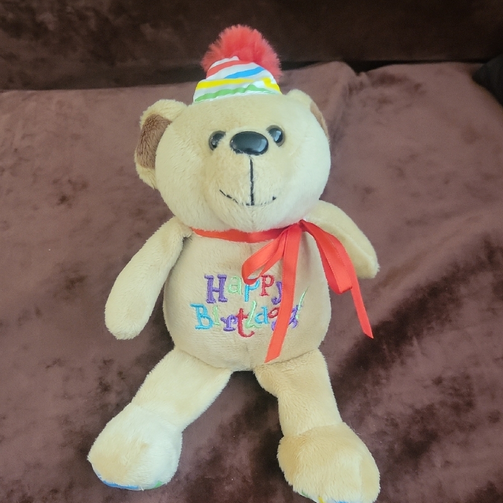 Birthday Teddy Bear with Red Ribbon 7" while Seated. Gently Used!